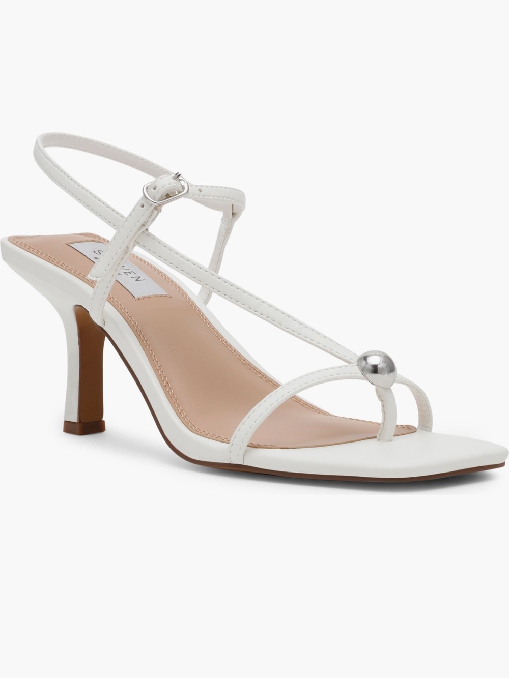 Steven By Steve Madden Cream Strappy Square-Toe Heels with Silver Accents